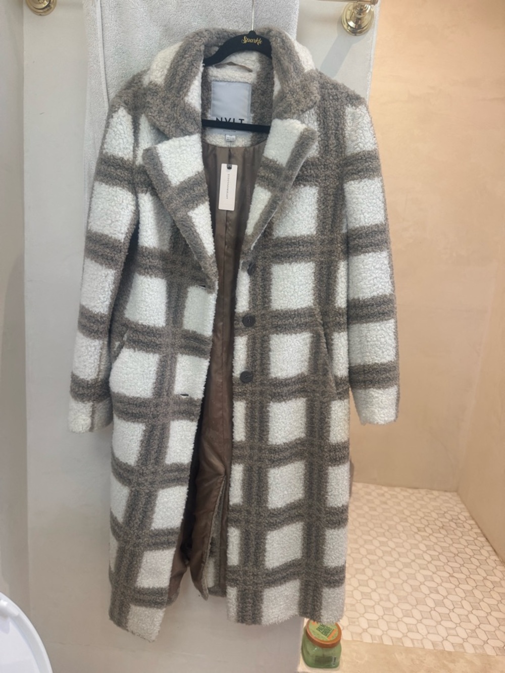 NVLT Plaid Long Trench Coat in White & Taupe